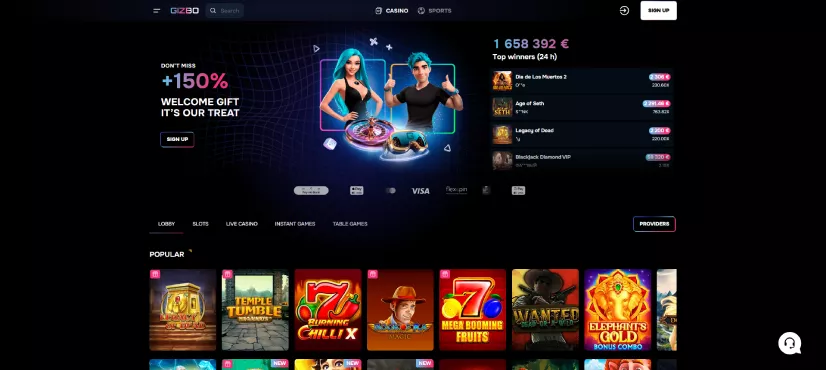 Снимка на главната страница на Gizbo Casino